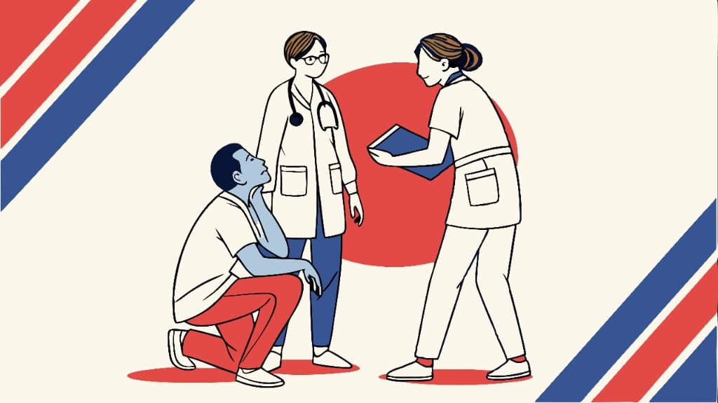 Un patient en consultation avec deux cliniciens Franchir